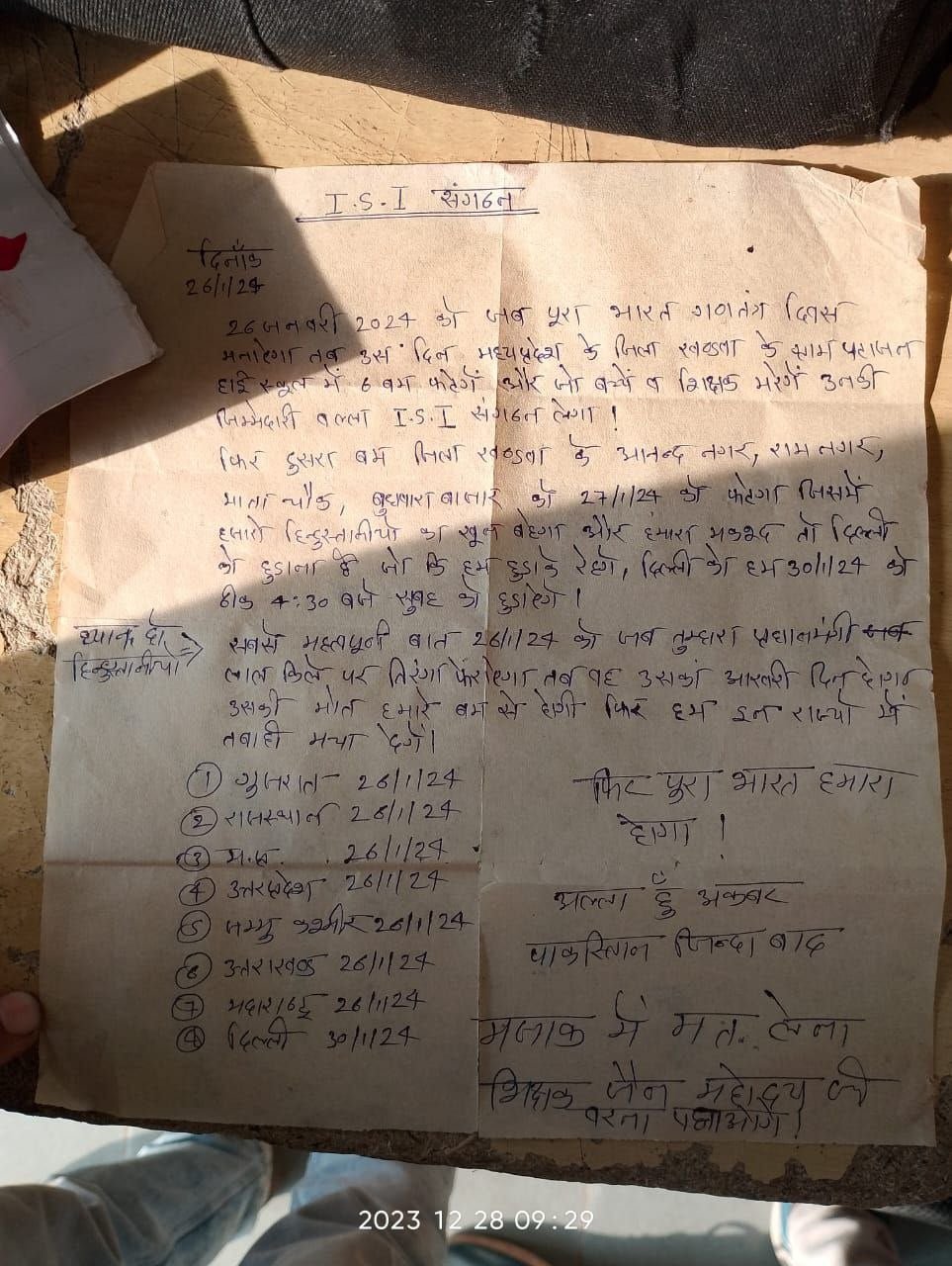 खंडवा में मिला देश के 8 स्थानों में बम ब्लास्ट करने की धमकी भरा खत